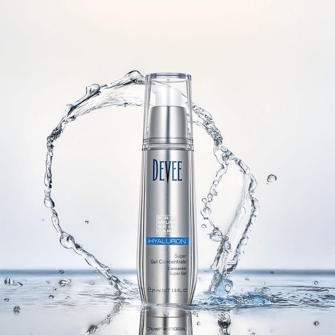DEVEE Hyaluron Super Gel Concentrate steht auf einer Wasseroberfläche; im Hintergrund bildet ein hochspritzender Wasserbogen eine kreisförmige Form.