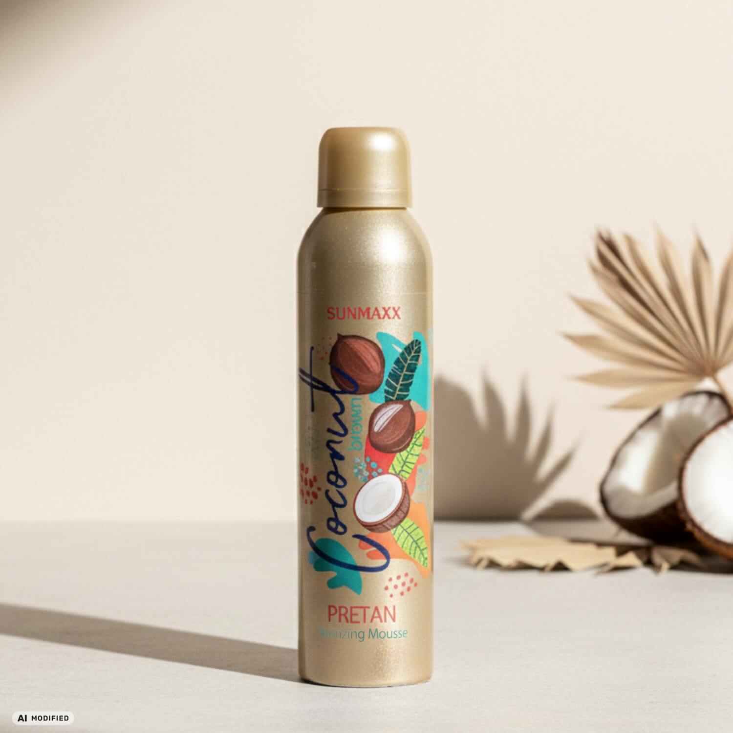 SUNMAXX Special Coconut Brown Pre Tan Mousse in goldener Flasche mit geöffneter Kokosnuss und getrocknetem Palmwedel unscharf im Hintergrund.