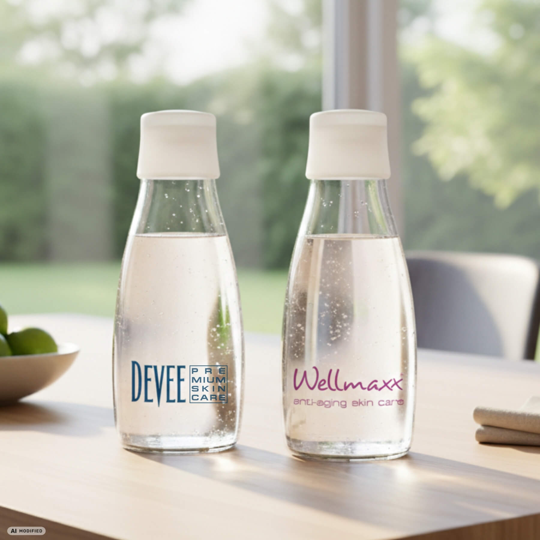 Zwei Trinkflaschen aus Glas auf Holzesstisch - links Trinkflasche mit DEVEE Logo, rechts Trinkflasche mit WELLMAXX Logo.