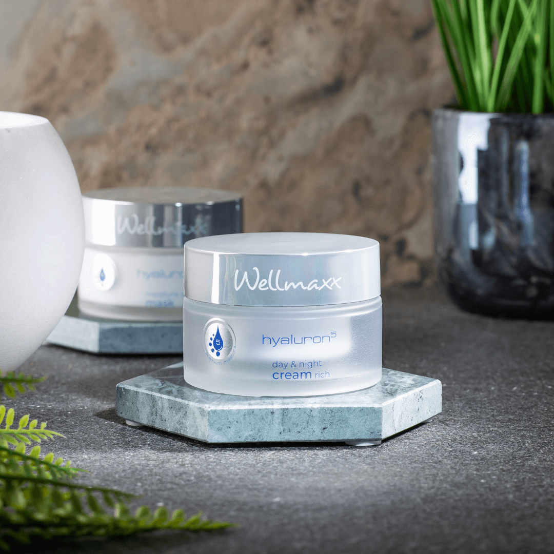 WELLMAXX hyaluron⁵ day & night cream rich auf Steinuntersetzer mit Deko im Hintergrund.