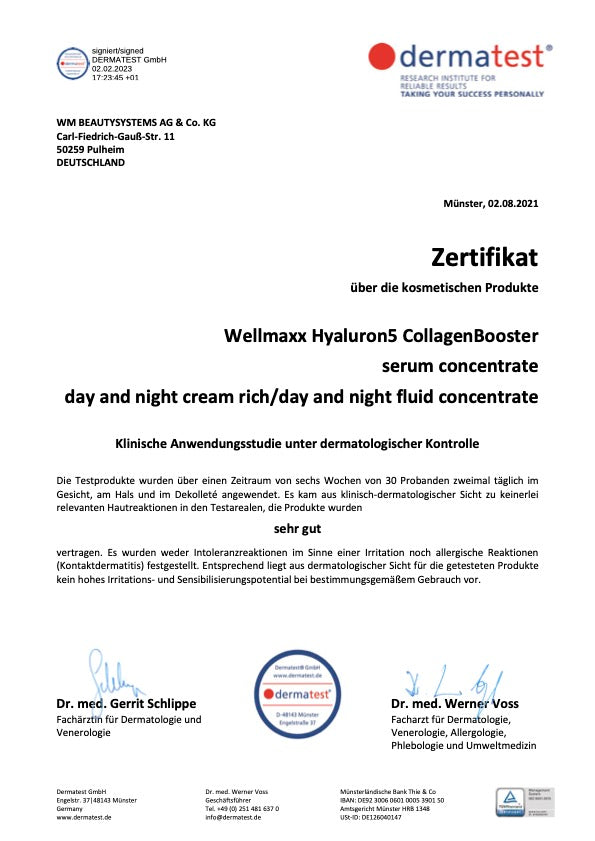 Dermatest® Zertifikat über die kosmetischen Produkte hyaluron⁵ CollagenBooster, hyaluron⁵ serum concentrate und hyaluron⁵ day and night cream/fluid rich.