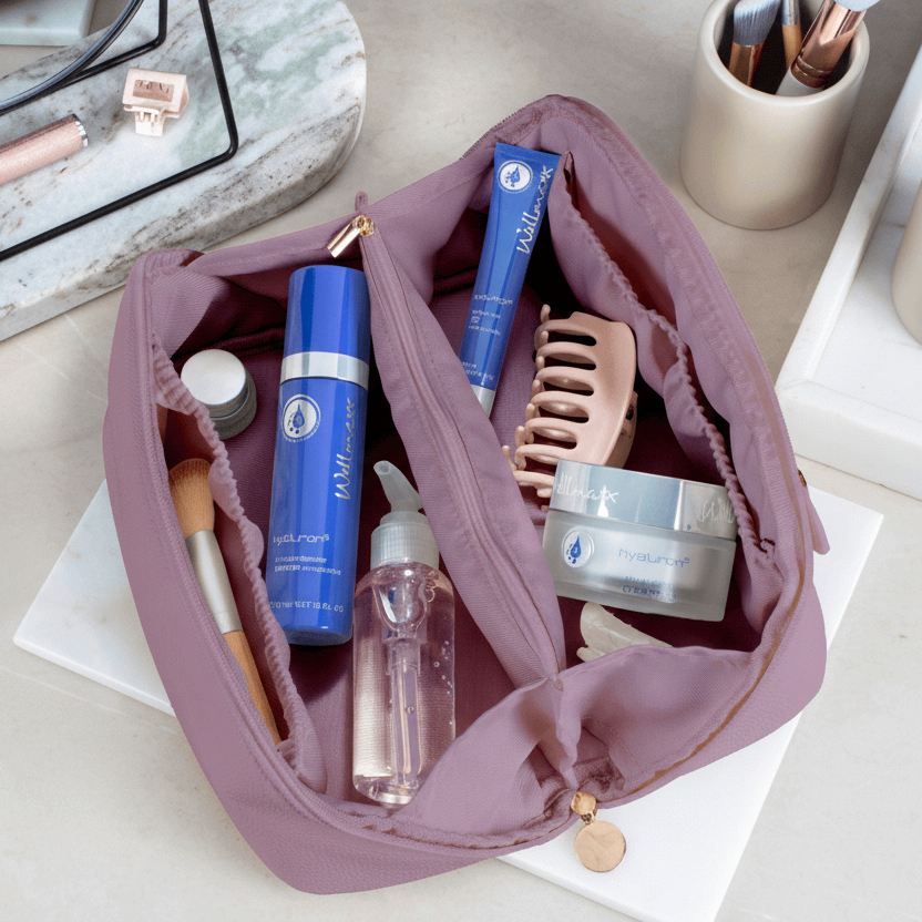 Offene Beauty Bag in der Farbe Taupe gefüllt mit WELLMAXX hyaluron⁵ Produkten und Accessoires, wie Haarspange oder Pinsel.