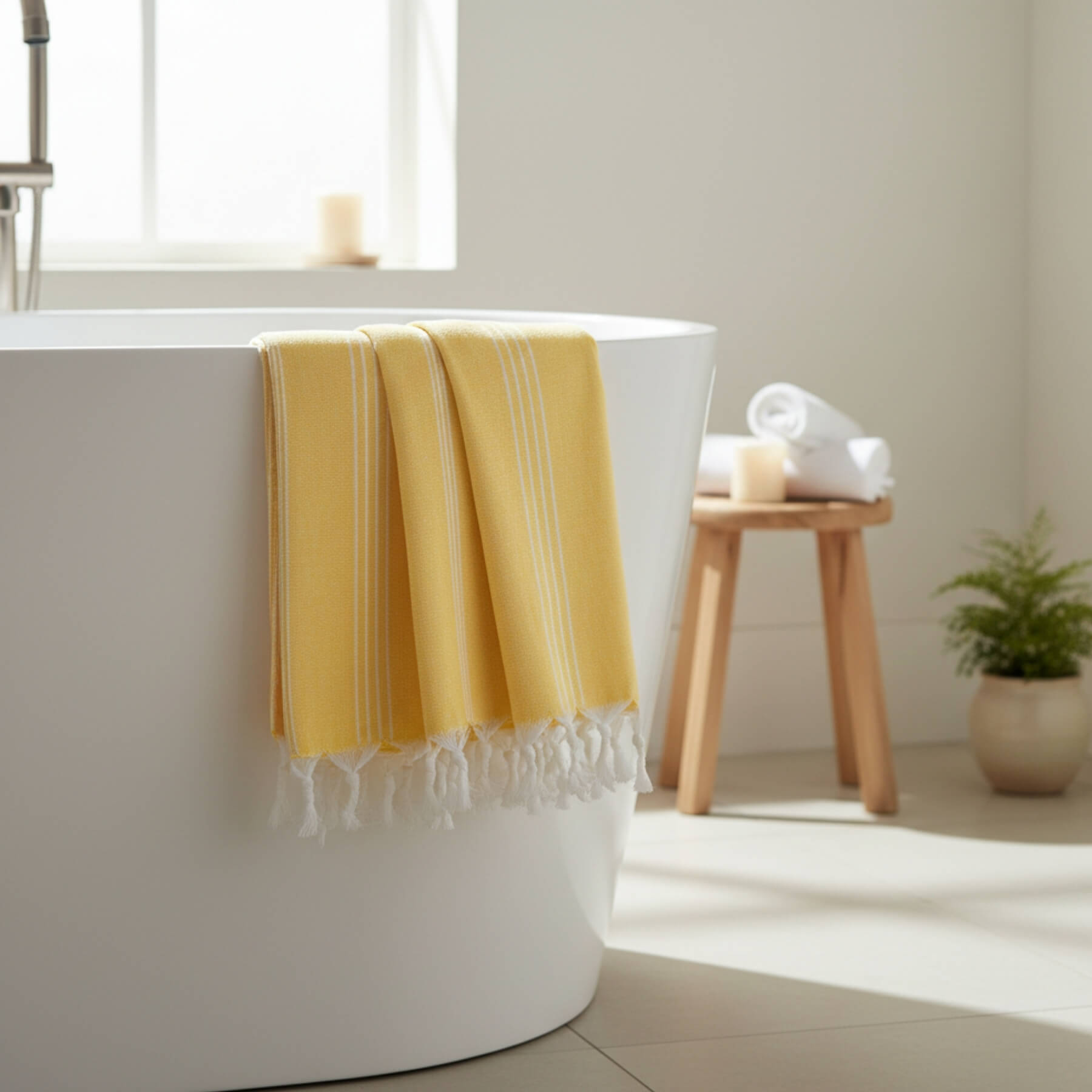 Hamamtuch in Gelb mit dünnen weißen Streifen, das dem Badewannenrand hängt. 
