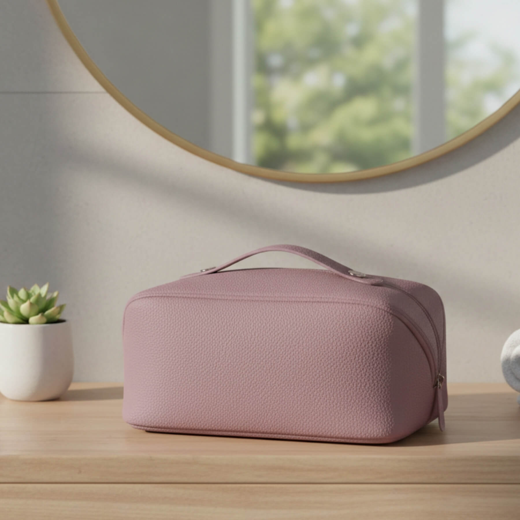 Beauty Bag in der Farbe Taupe auf Holzoberfläche mit Spiegel im Hintergrund.