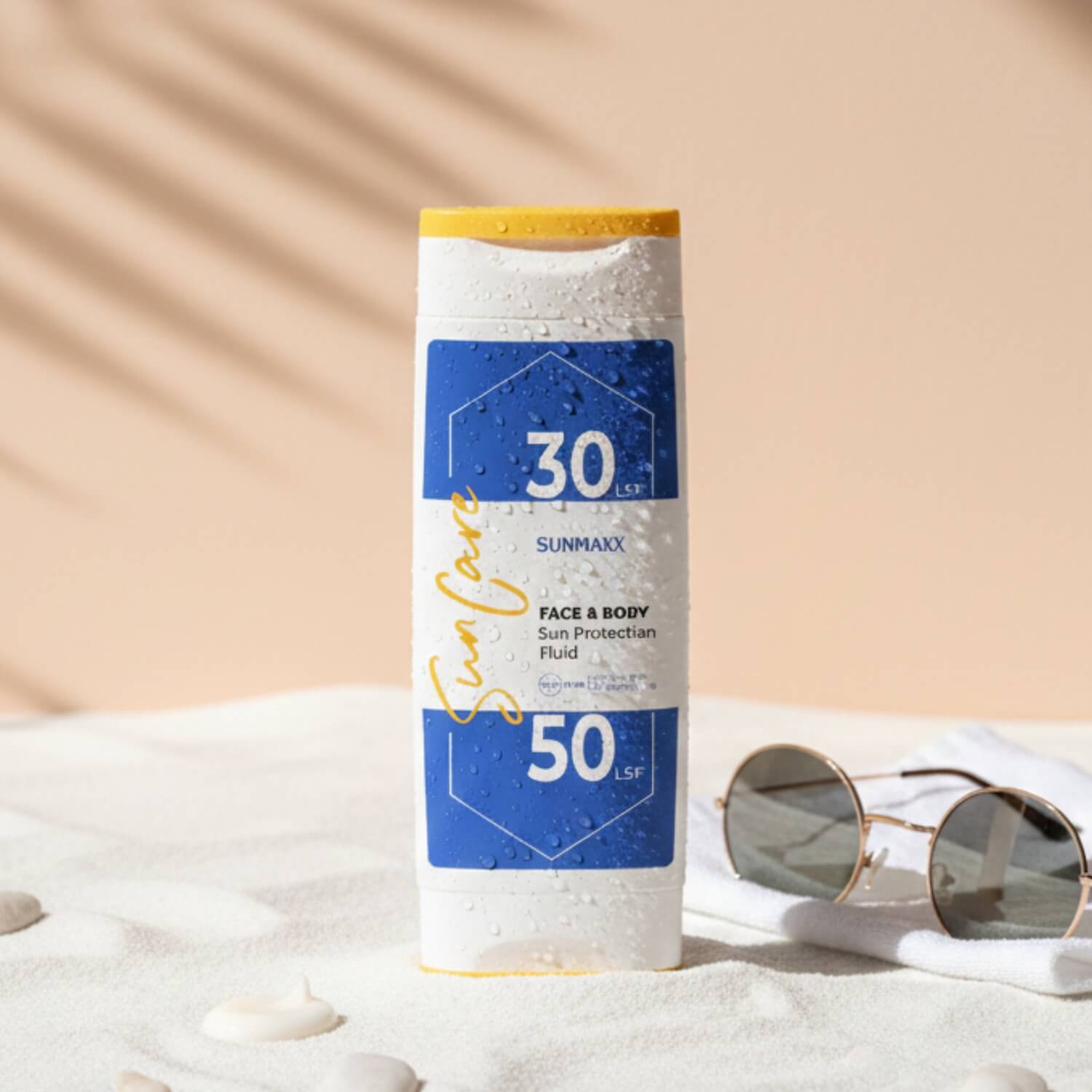 SUNMAXX Sun Care Face & Body Sun Protection Fluid Sonnenschutz mit LSF 30 und 50 in weißer Flasche auf Sand mit Sonnenbrille daneben.