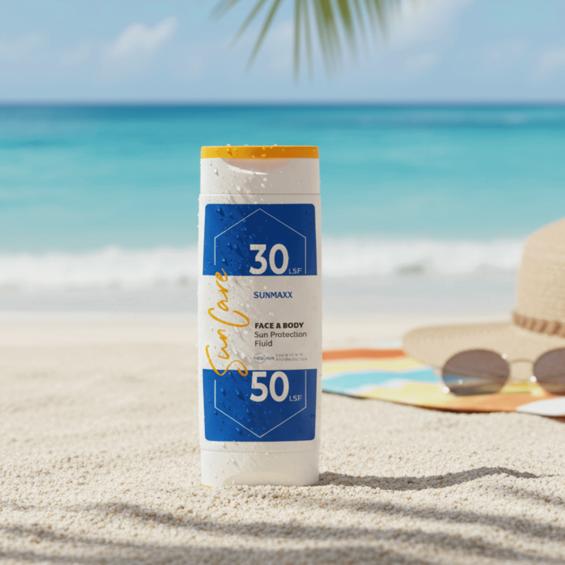 SUNMAXX SUNCARE  Face & Body Sun Protection Fluid mit LSF 30 und LSF 50 steht in Sand am Strand. im Hintegrund verschwommen das Meer.