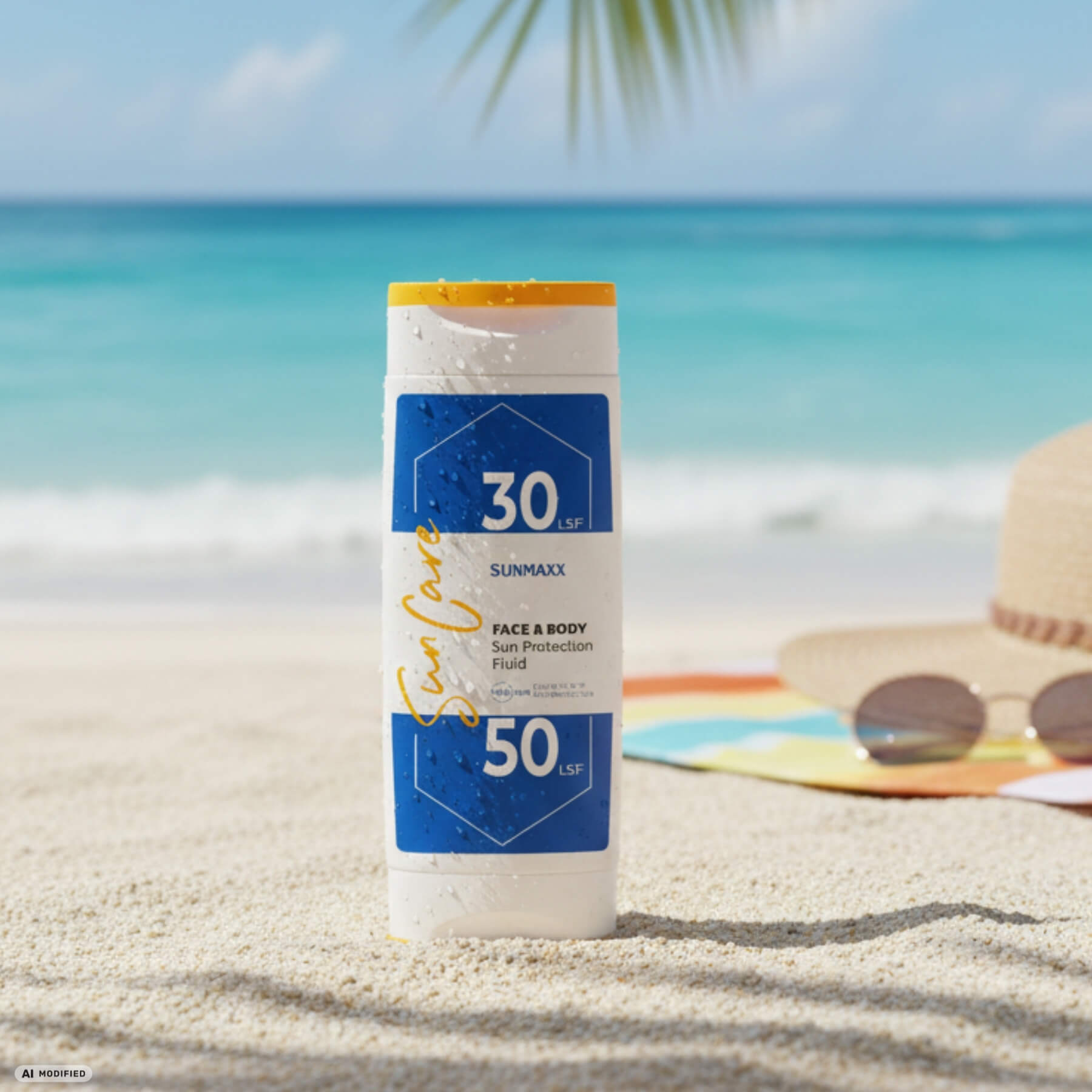 SUNMAXX SUNCARE  Face & Body Sun Protection Fluid mit LSF 30 und LSF 50 steht in Sand am Strand. im Hintegrund verschwommen das Meer.